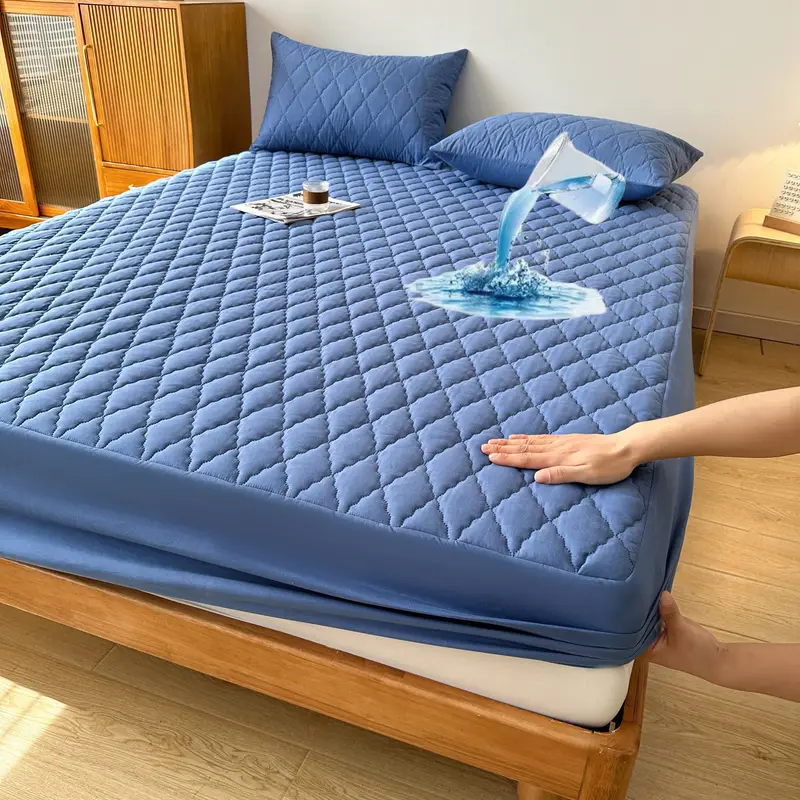 Quilted Waterproof Mattress Protector Double Bed Light Blue