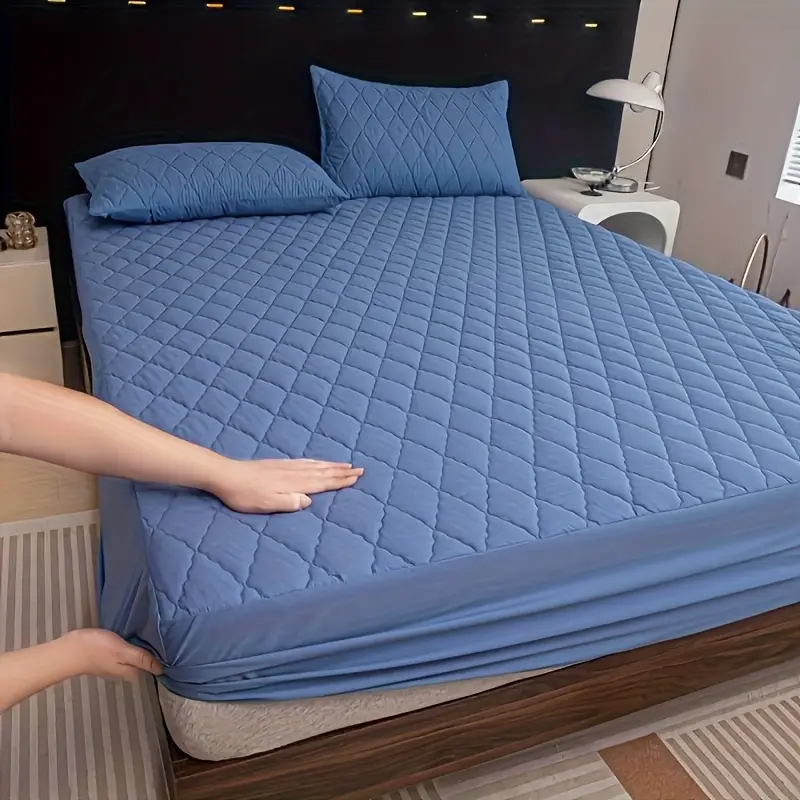 Quilted Waterproof Mattress Protector Double Bed Light Blue - Image 2